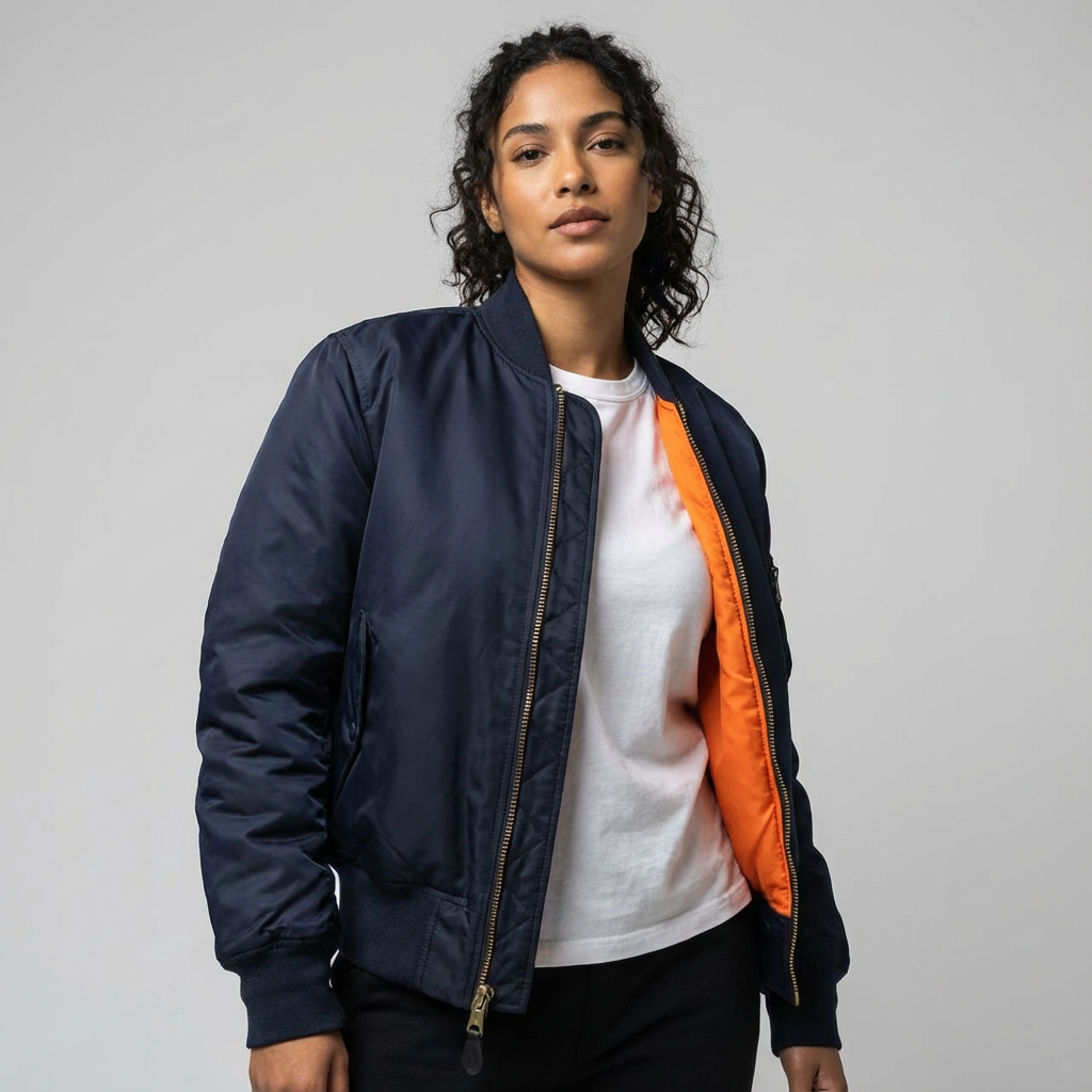 Women's woven bomber jacket with side pockets and standard length silhouette