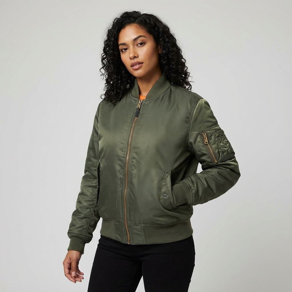 Women's bomber jacket with zippered front closure, ribbed trims, and utility sleeve pocket