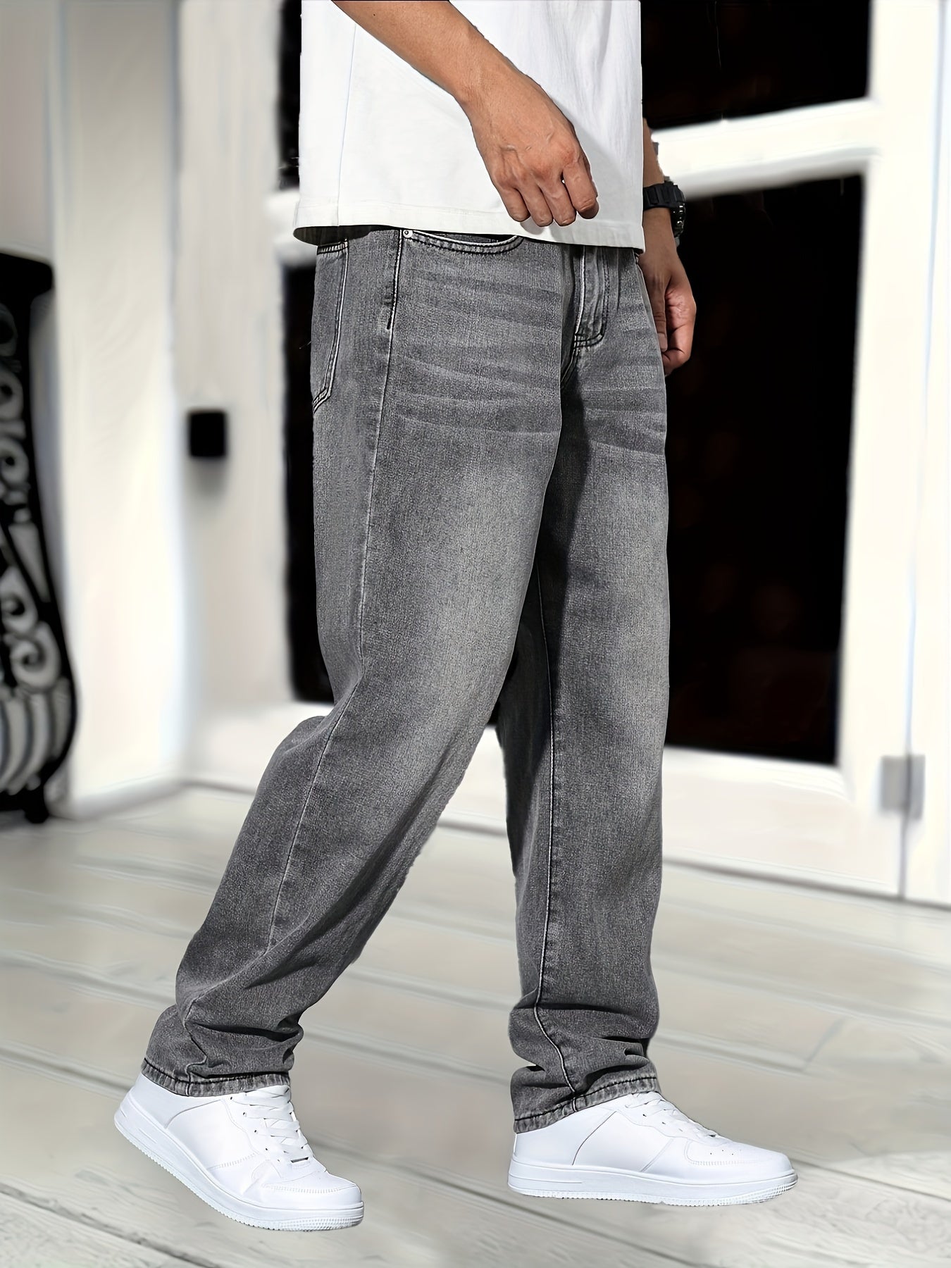 Men's relaxed fit grey denim jeans – front view