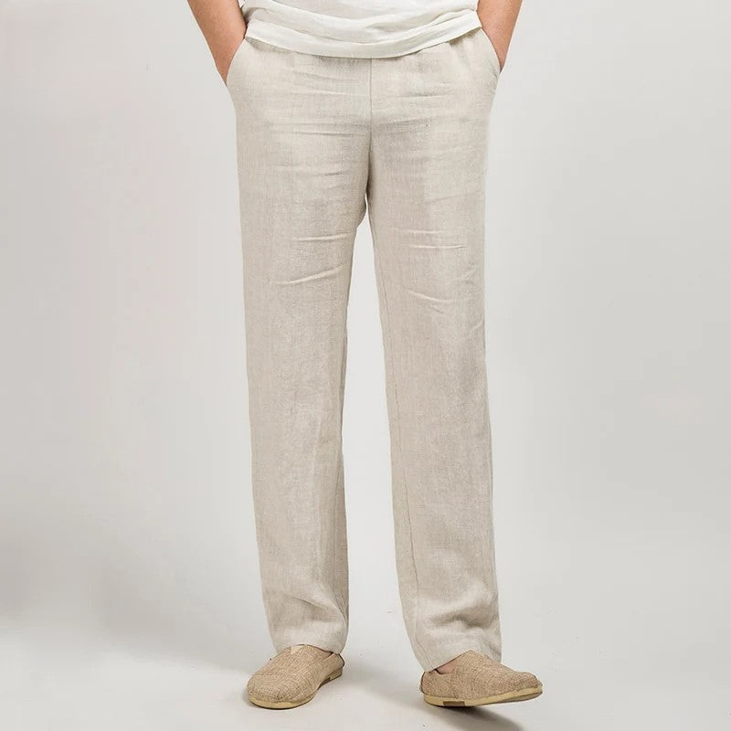 Men's linen trousers with straight legs and a clean, tailored front view showing the full-length fit