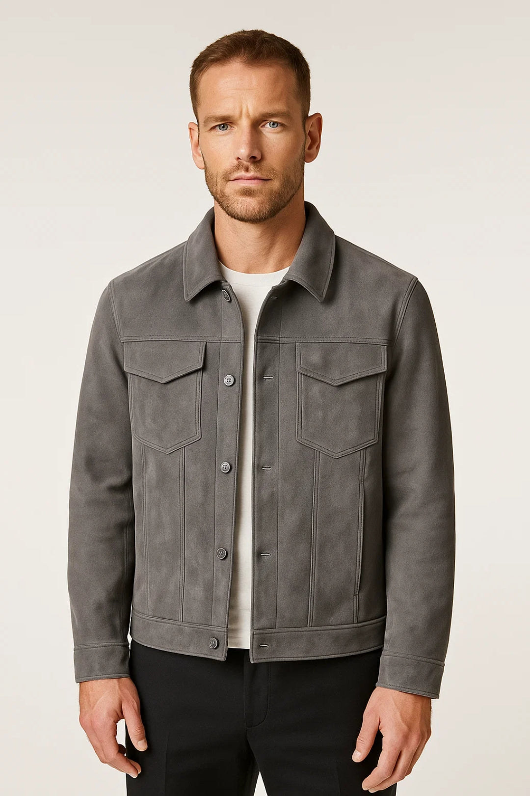 Men's Structured Utility Jacket with classic collar, button fastening, and chest pocket flaps