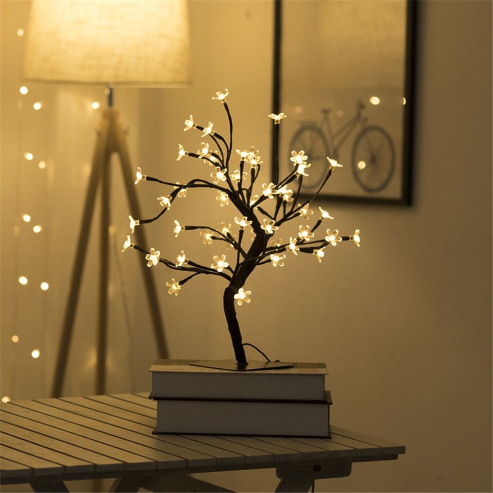 Close-up of LED Cherry Blossom Lamp flower lights and flexible branch detail