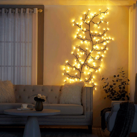 Animated view of LED string lights with tree branch design cycling through lighting effects