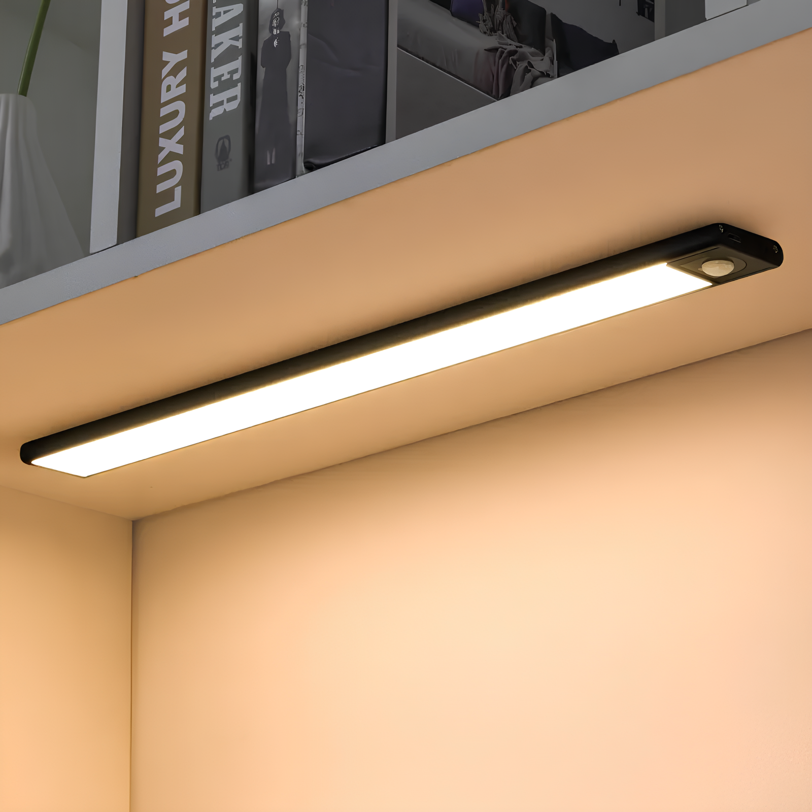 USB rechargeable LED under-shelf lamp with automatic motion sensor activation