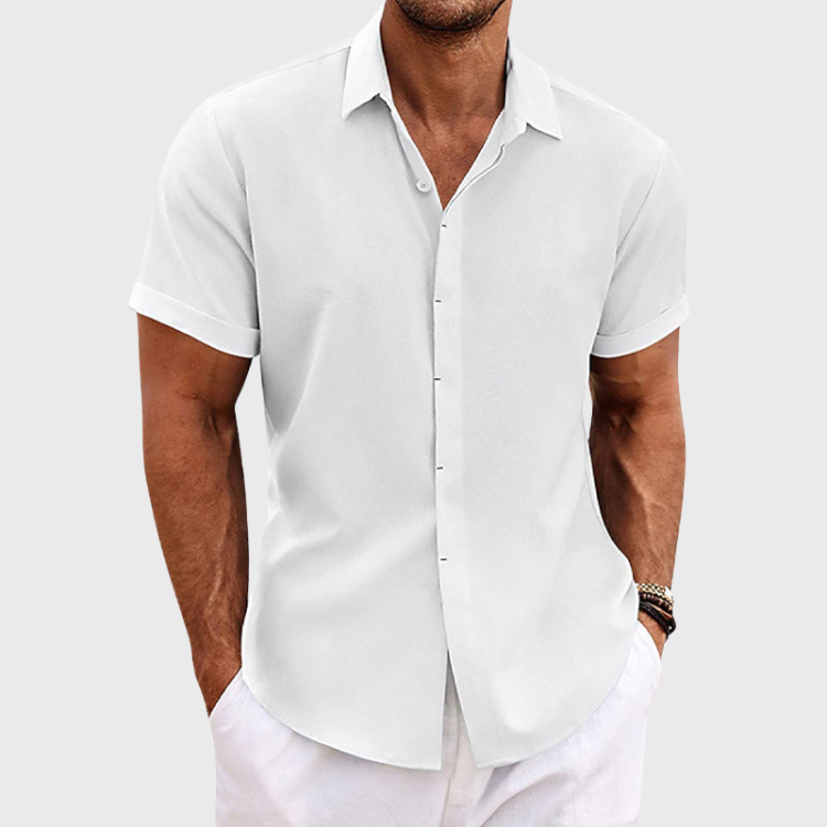 Men's short-sleeve button-up shirt with a classic collar, front button closure, and relaxed fit