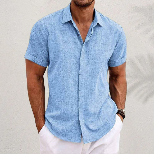 Short-sleeve men's button-up shirt with a classic collar, straight hem, and relaxed fit