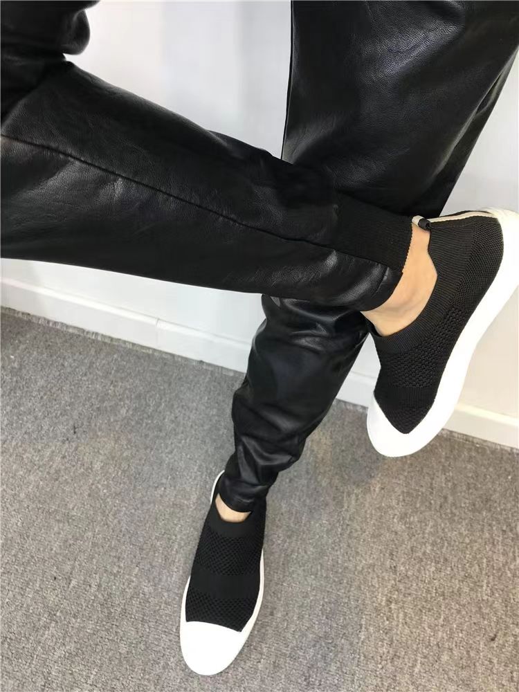 Men's faux leather joggers with structured tapered fit and elastic waistband detail