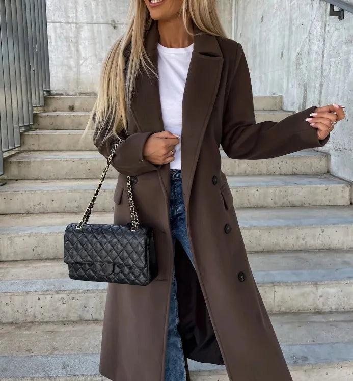 Women's long polyester coat with lapel collar and front button closure