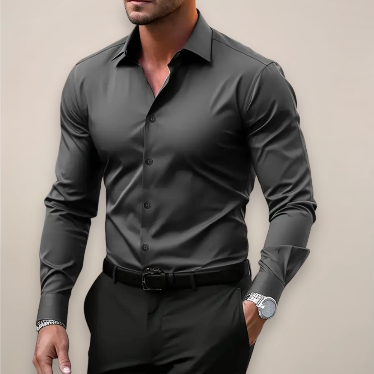 Men's tailored button-up shirt with classic collar and long sleeves