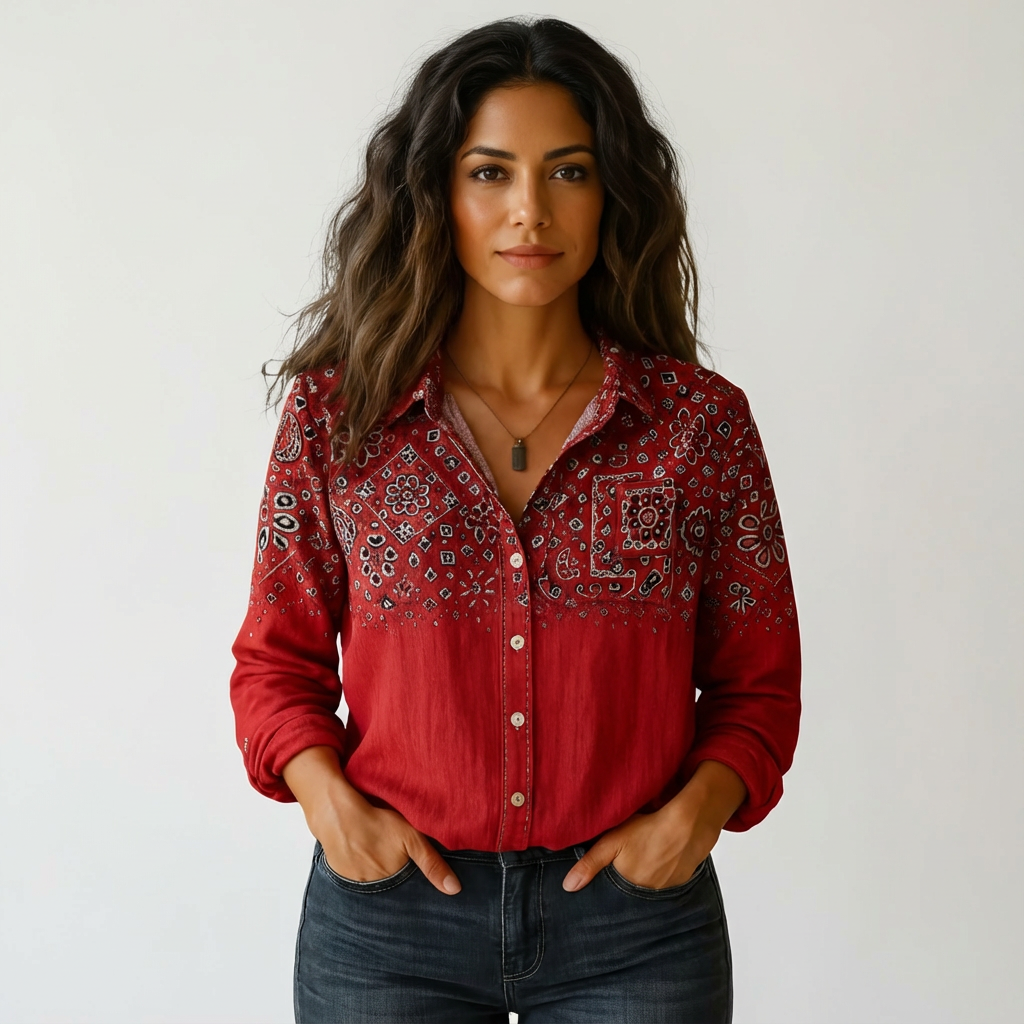 Women's long-sleeved button-up shirt with botanical pattern and classic collar