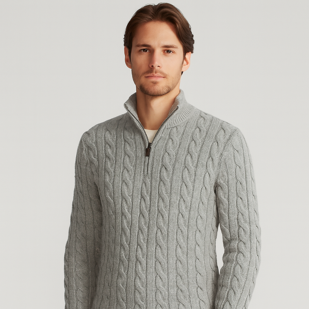 Men's cable-knit quarter-zip sweater with stand-up collar and structured knit pattern