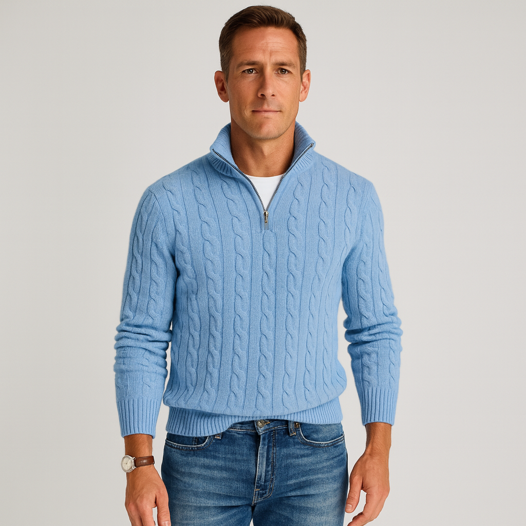 Cable-knit quarter-zip sweater for men showing collar and zipper hardware detail