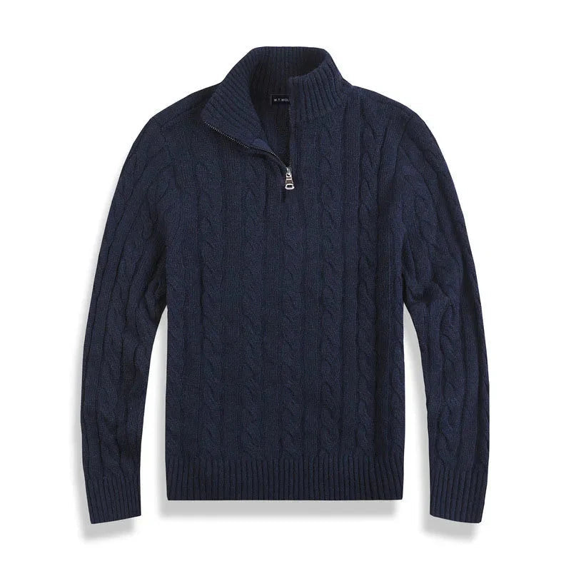 Men's cable-knit quarter-zip sweater, full outfit styling with trousers
