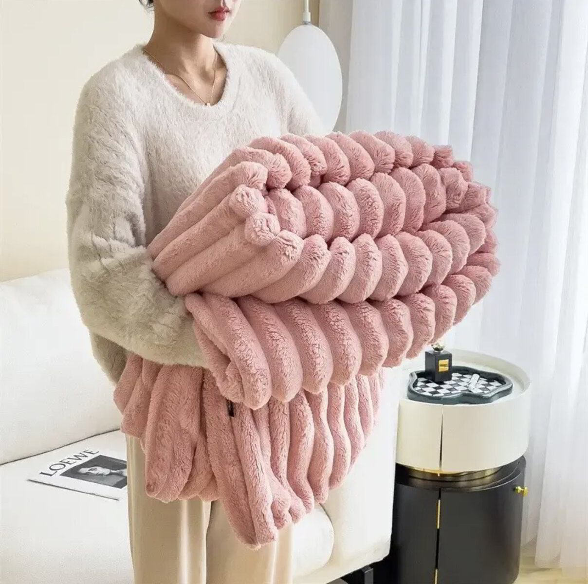 Fluffy plush blanket with ribbed surface — ideal for sofa or bedroom layering