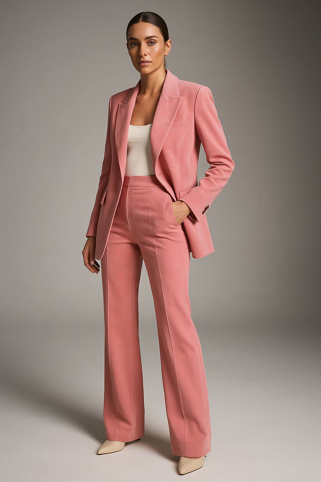 Women's classic tailored suit set with structured blazer and straight-leg trousers