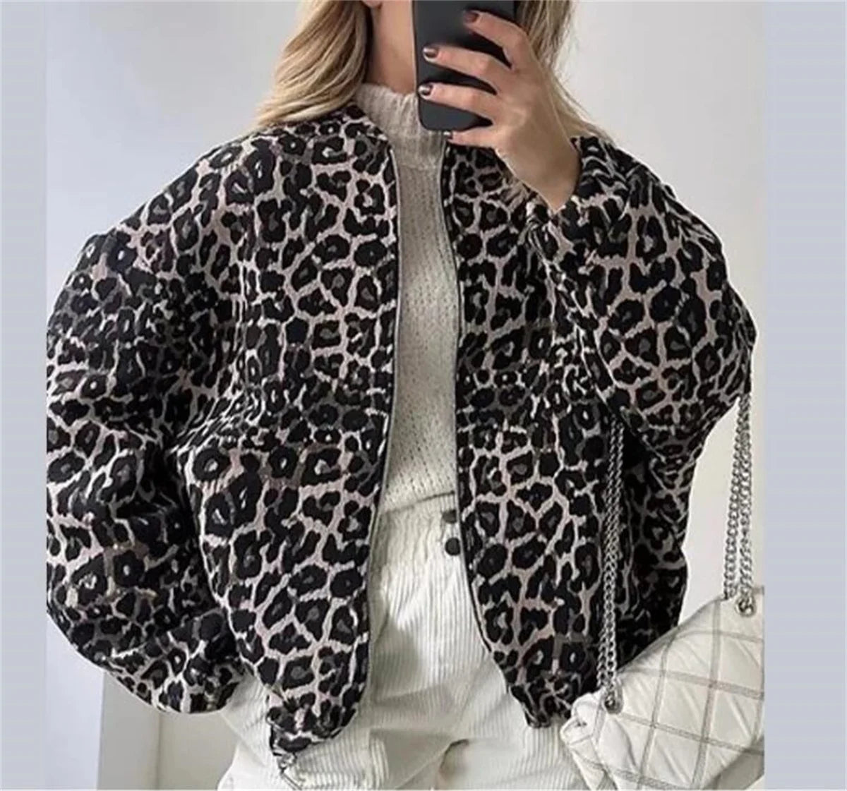 Women's Leopard Print Jacket with Zipper in relaxed fit