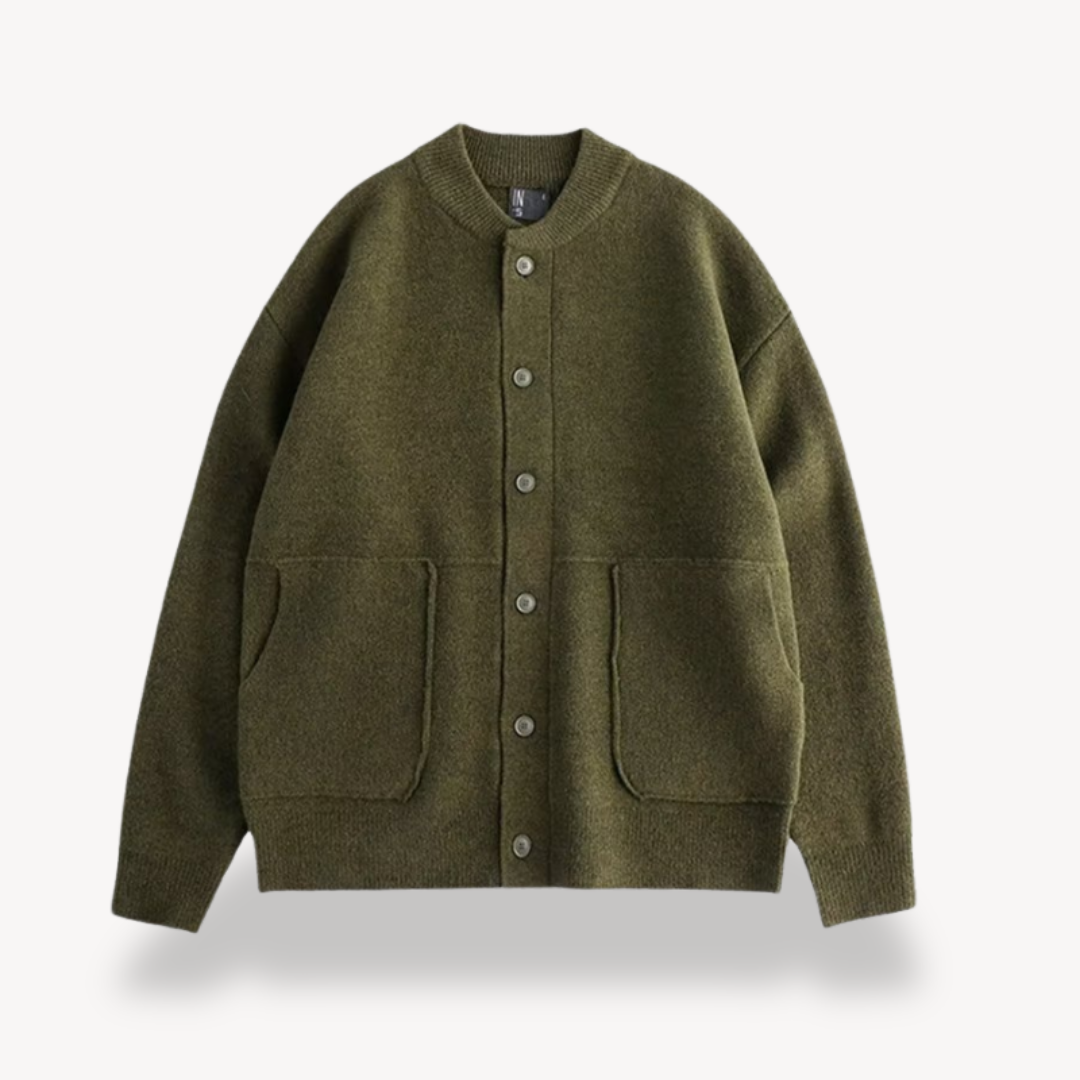 Men's button-up knitted cardigan with relaxed fit, shown from a slight angle