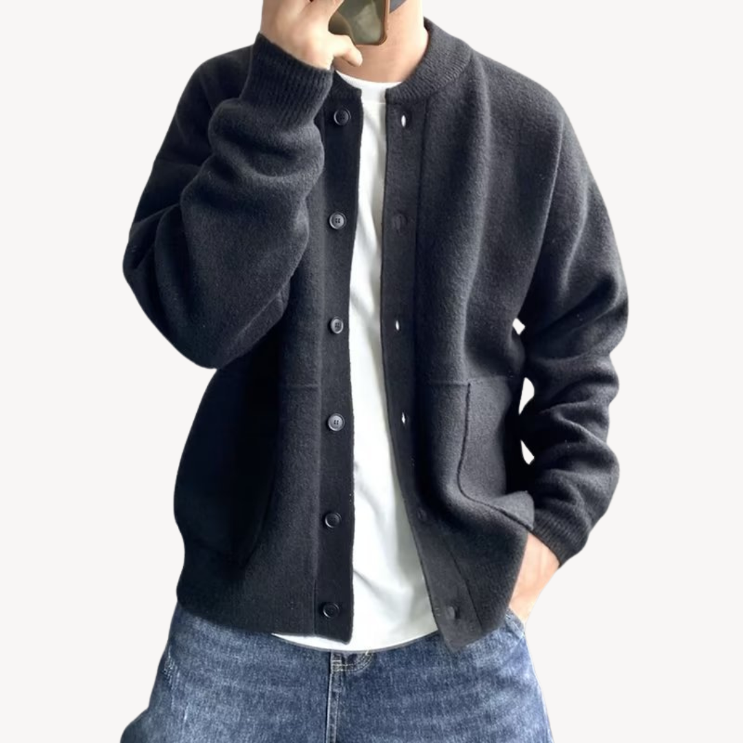 Men's knitted cardigan styled for everyday layering, full-length view