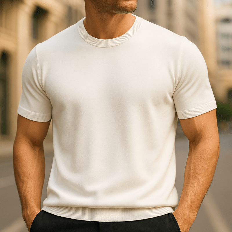 Crew neck knit shirt with short sleeves