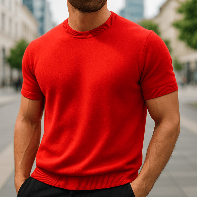 Crew neckline detail on men's knit shirt