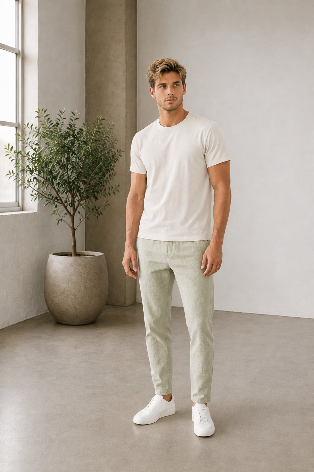 men's sage green linen trousers with elastic drawstring waist