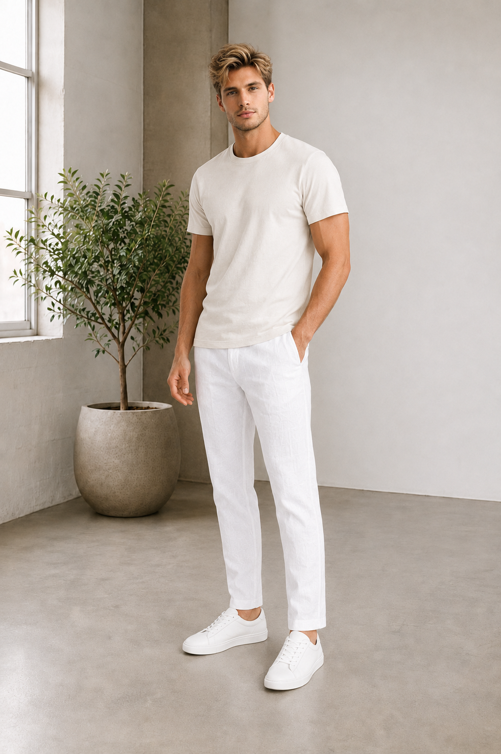 men's white linen trousers with tapered fit and side pockets