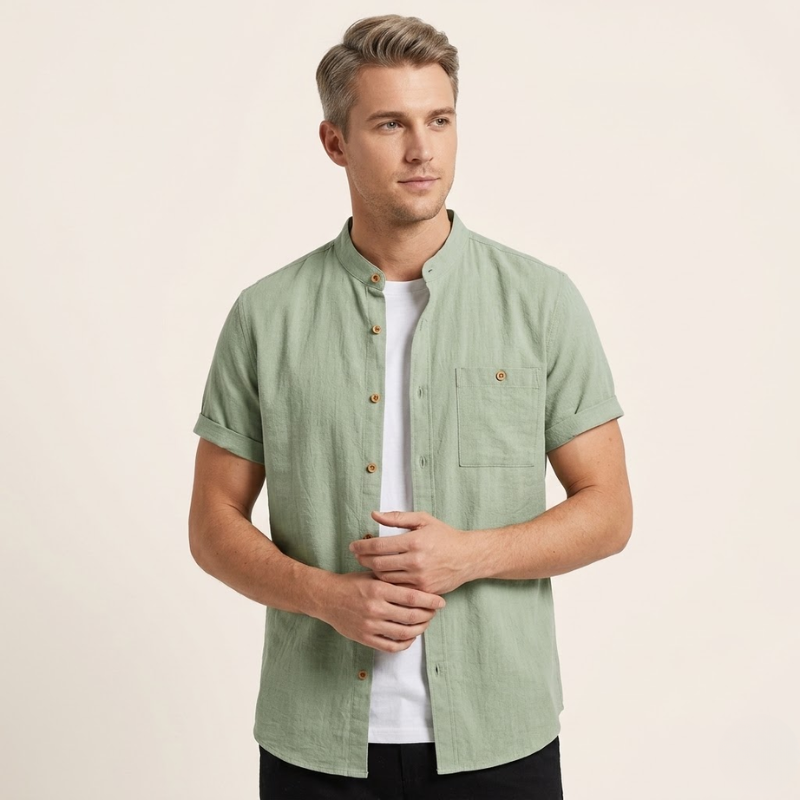Short-sleeved men's shirt with front button closure and stand collar