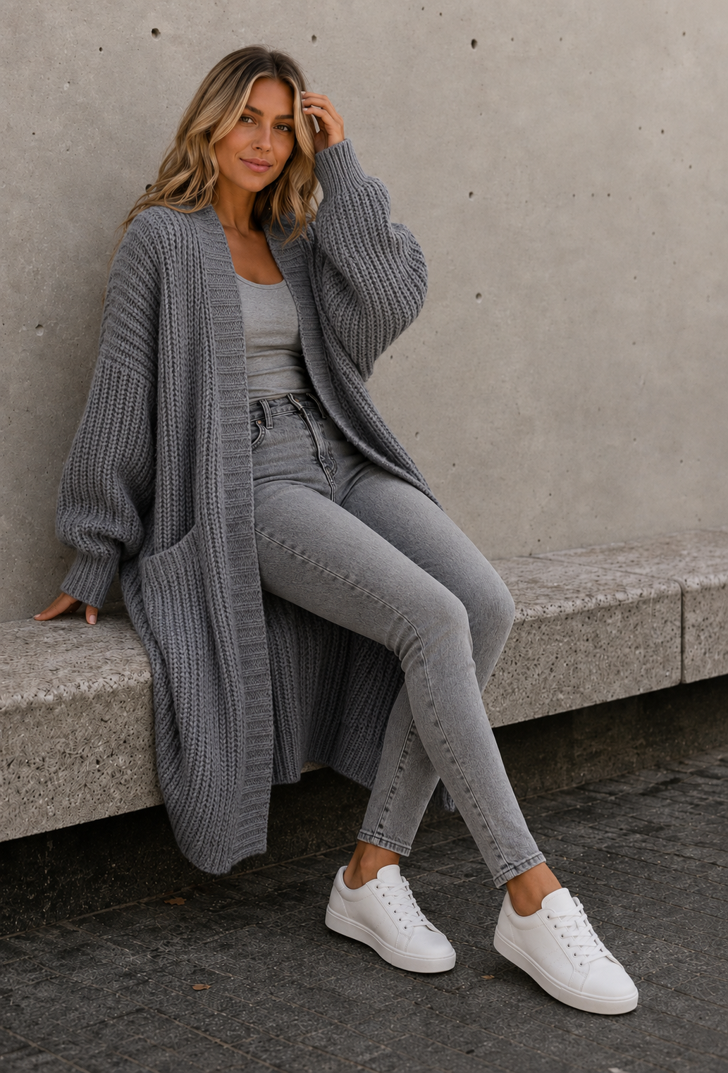 Women's light gray knitted cardigan with open front