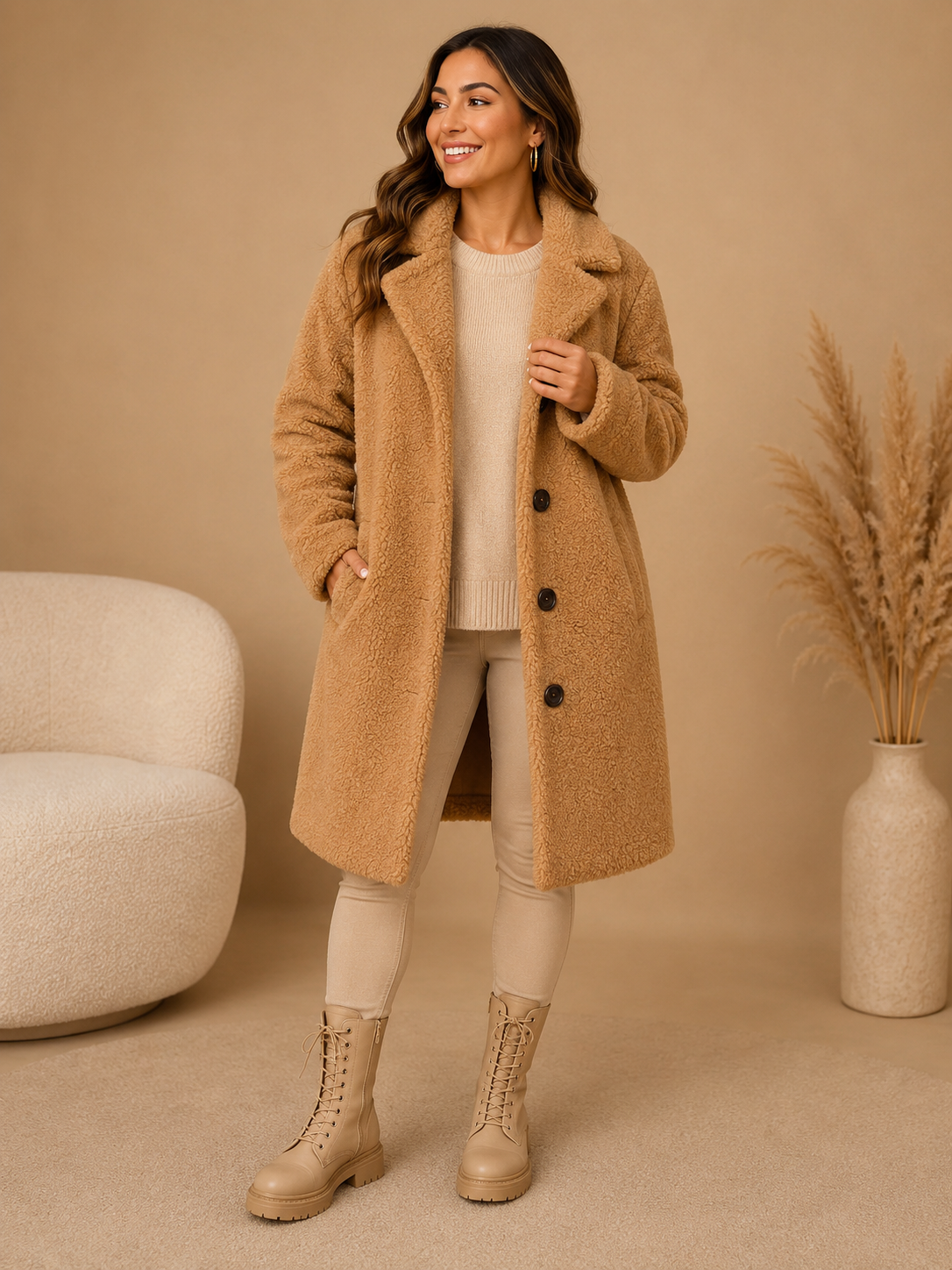 Women's beige teddy long coat with button front and side pockets