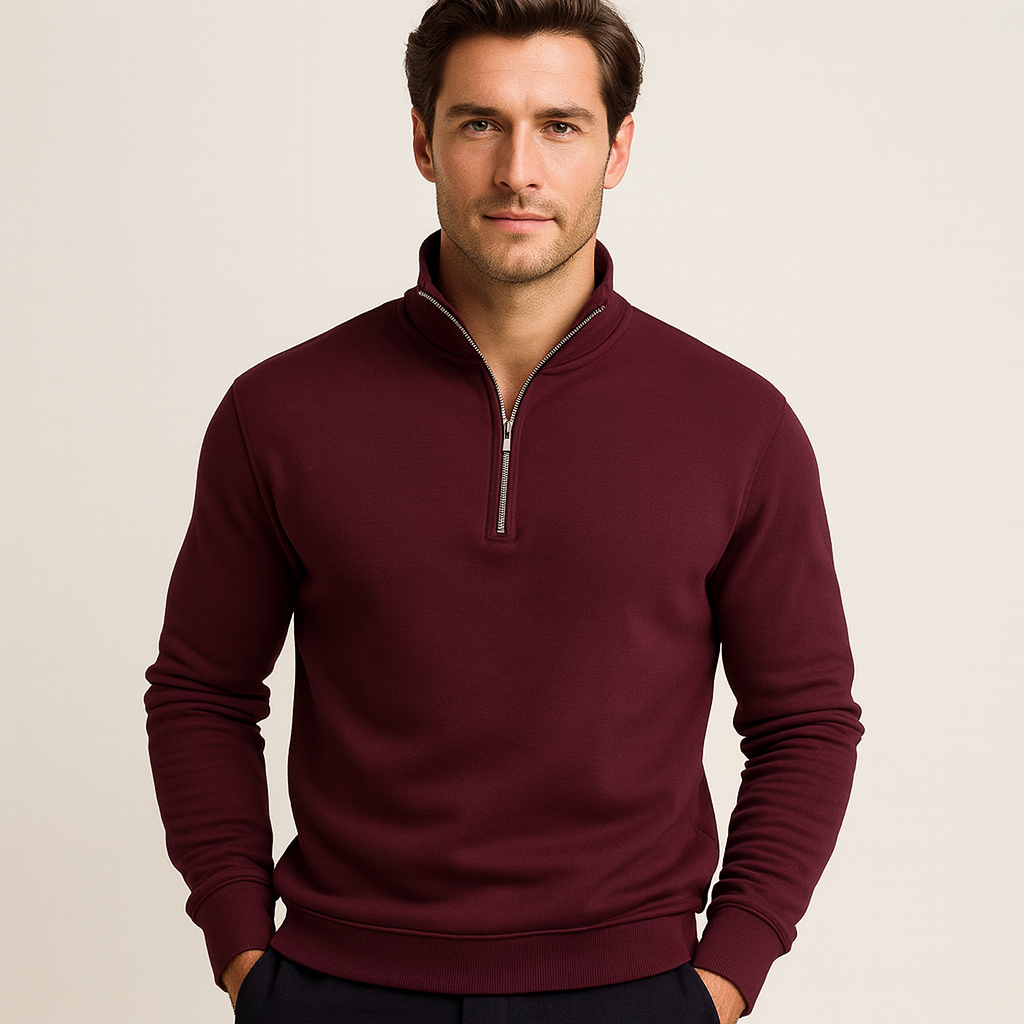 Men's knitted half-zip sweater with ribbed cuffs and stand-up collar