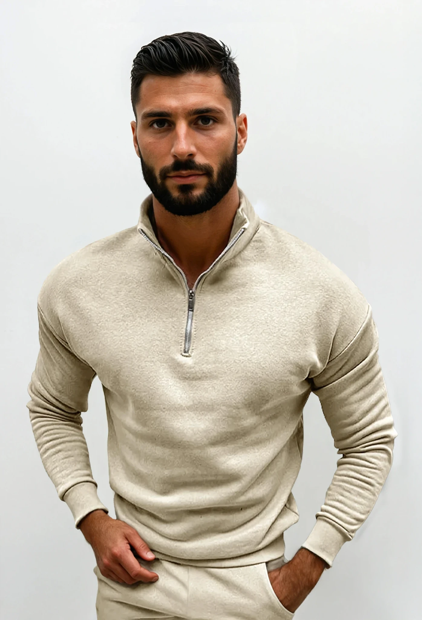Men's long-sleeve half-zip knitted sweater with even-textured fabric