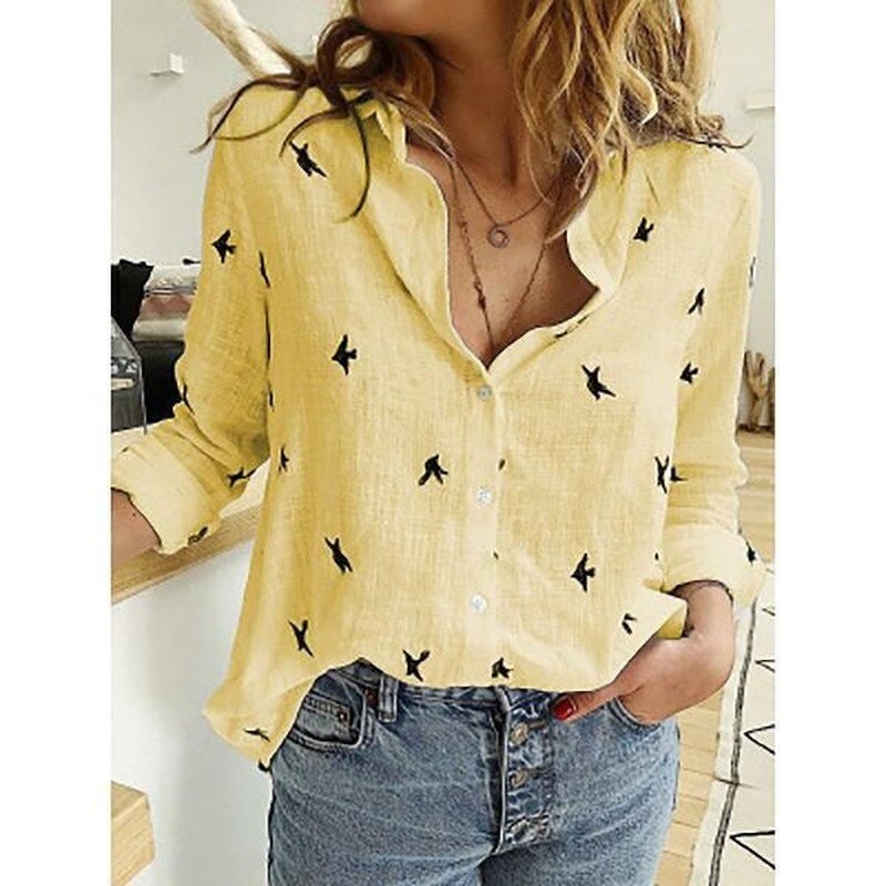 Women's long-sleeve linen-blend shirt with bird print and relaxed fit