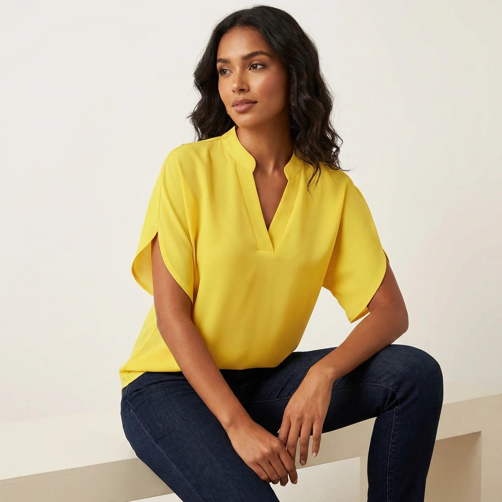 Women's pullover V-neck blouse with short sleeves and standard length hem