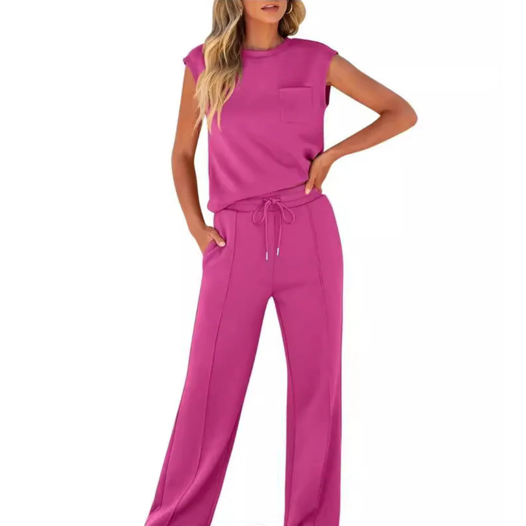 Women's everyday two-piece outfit with round-neck tank top and elastic waist pants