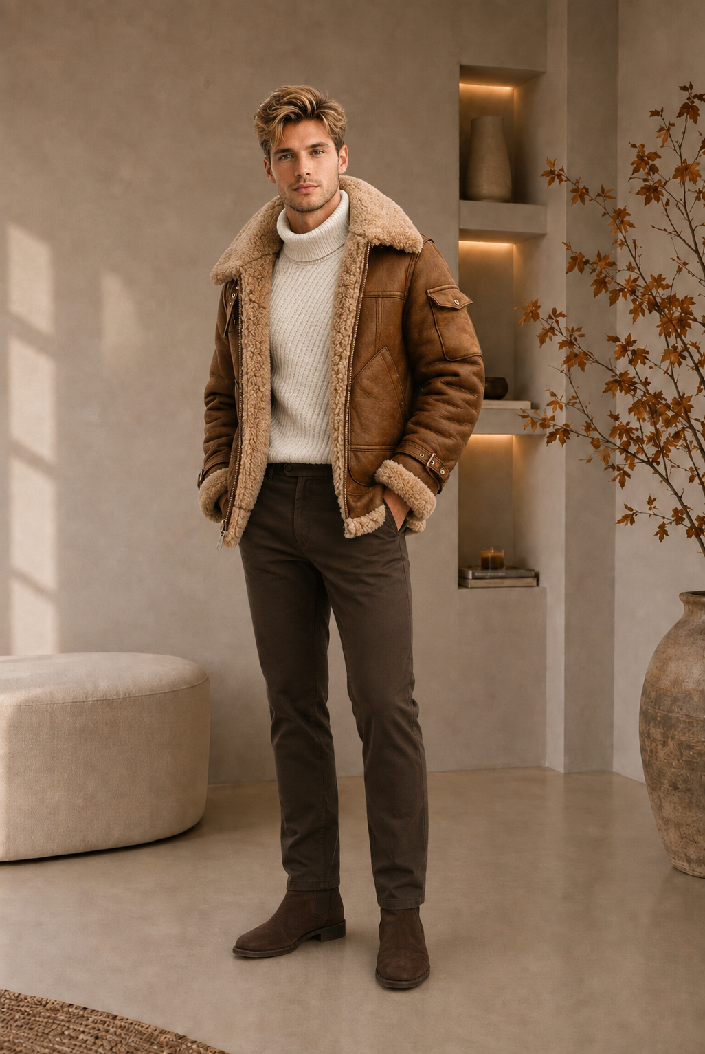 Men's brown aviator jacket with faux fur lining front view