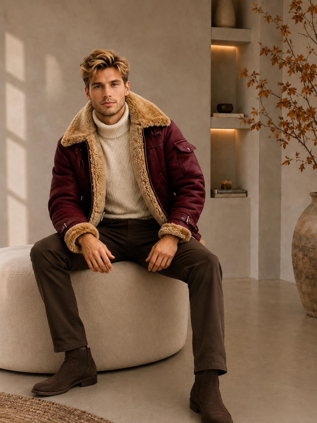 Men's red aviator jacket with faux fur lining