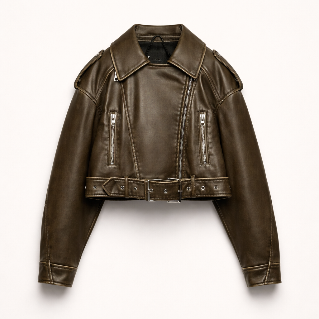 Moto jacket with asymmetrical front zipper