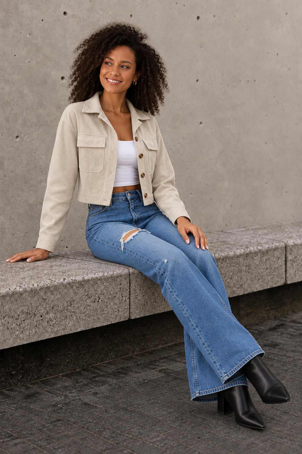 Women's khaki corduroy jacket styled with jeans and a white top