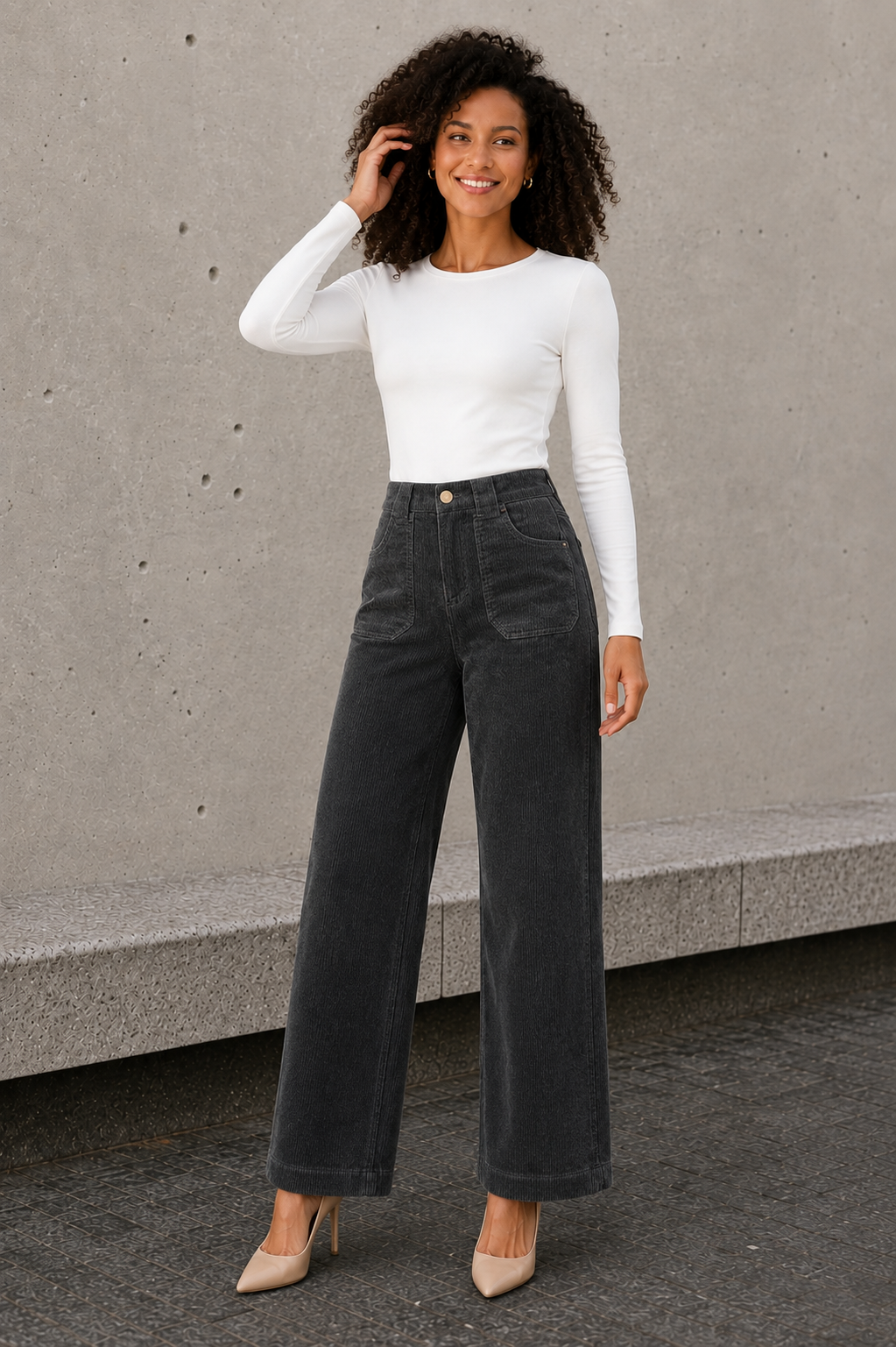Women's full-length wide-leg trousers in cotton corduroy with high waist