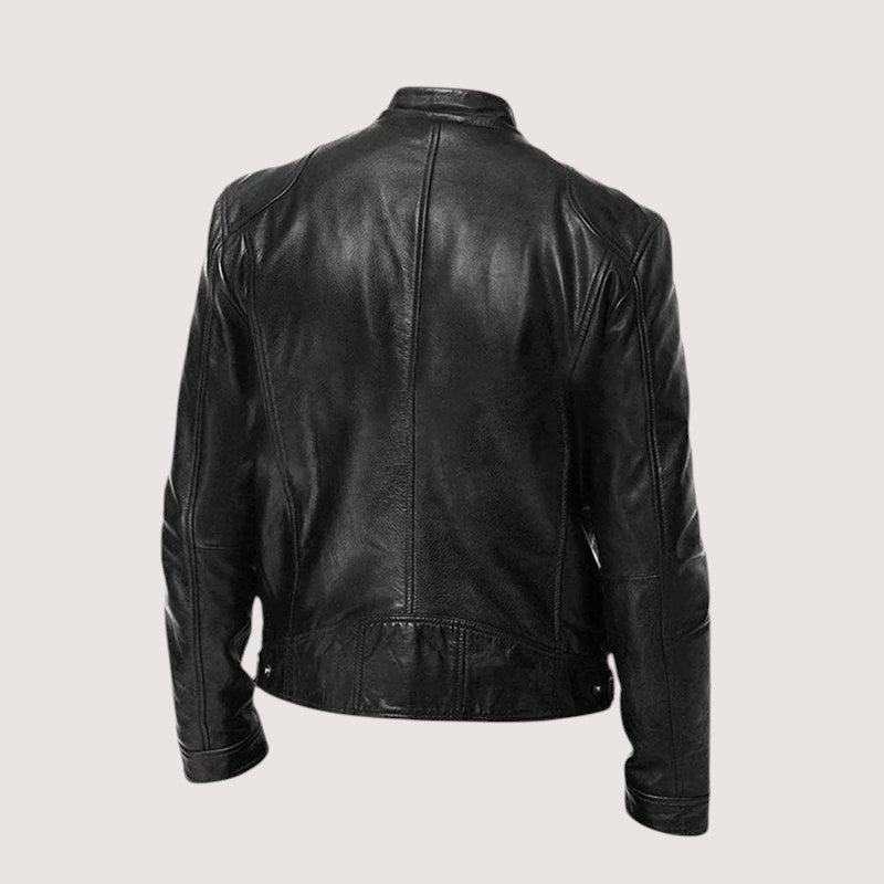 Men's zip-up leather jacket with zippered chest and side pockets