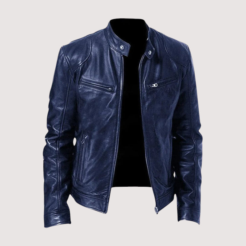 Men's leather jacket with stand-up collar and straight hem