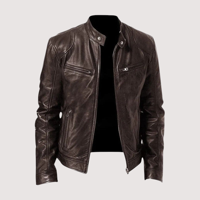 Men's hip-length leather jacket with front zipper and zippered pockets