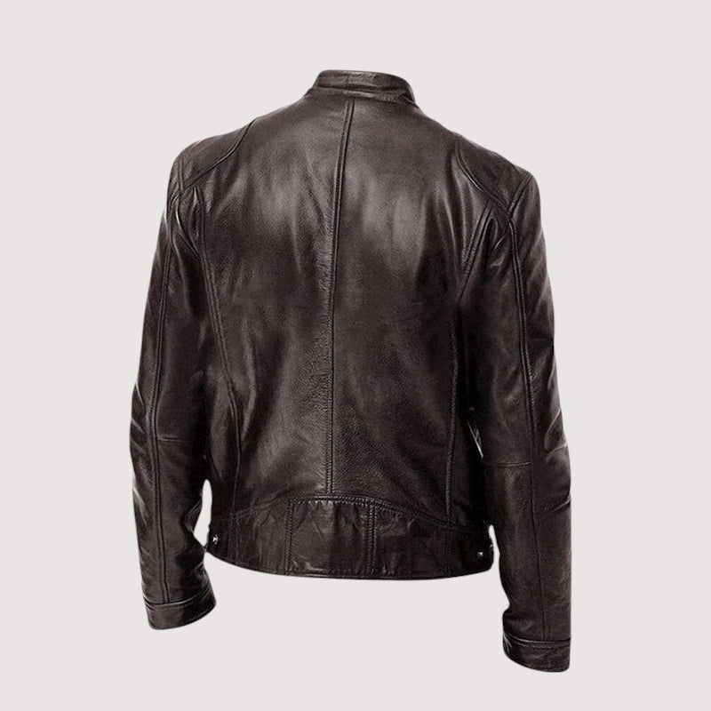 Men's leather jacket with stand-up collar, zipper closure, and straight hem