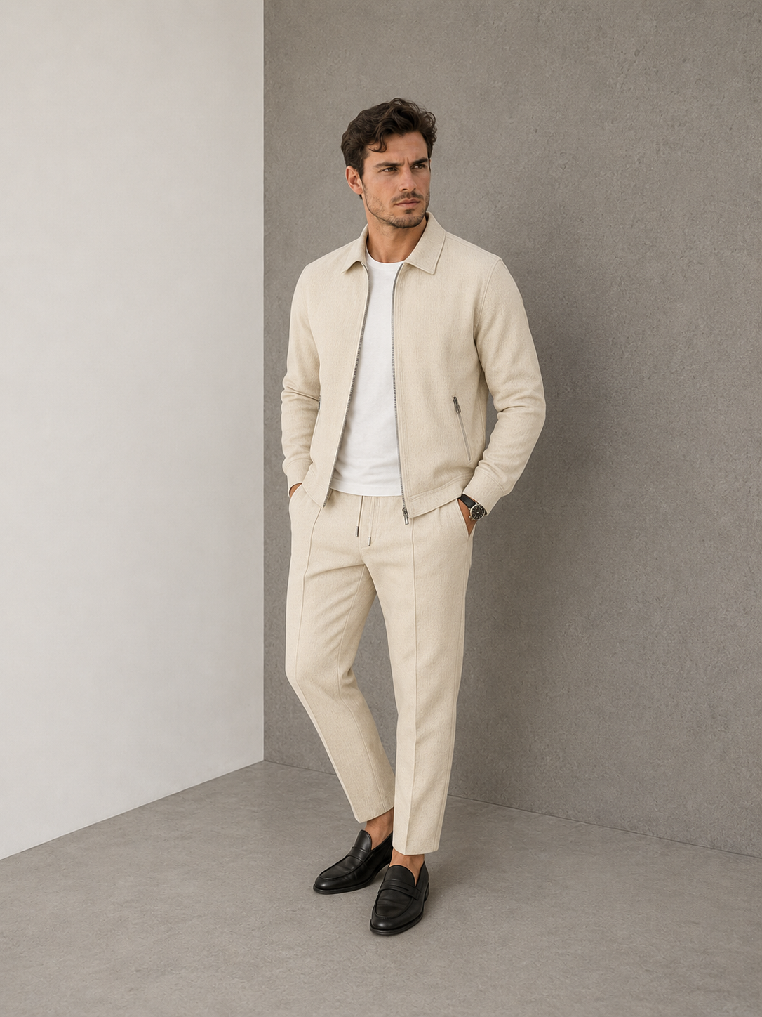 Men's beige waffle matching set with zip jacket and trousers