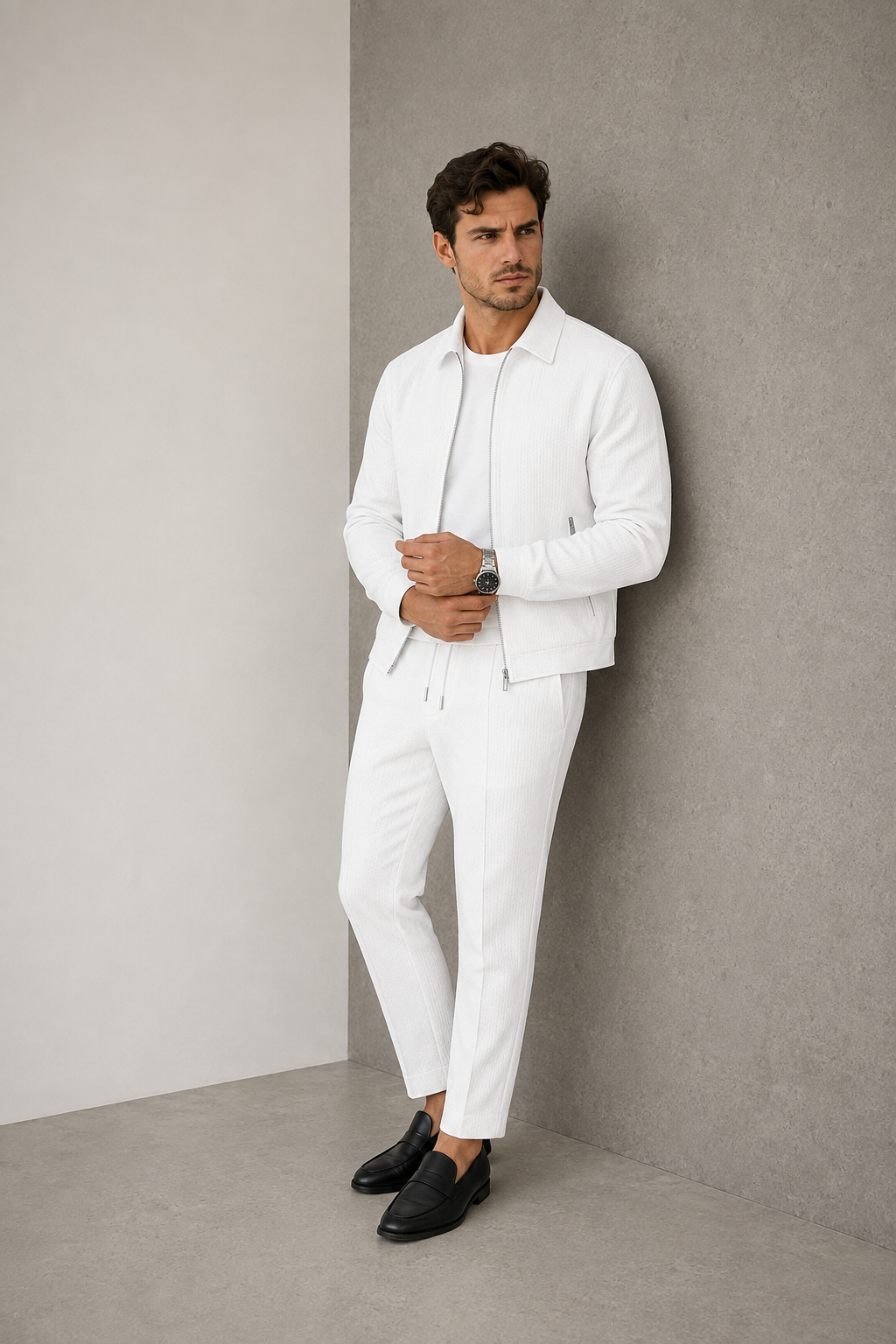Men's white waffle matching set with zip jacket and trousers