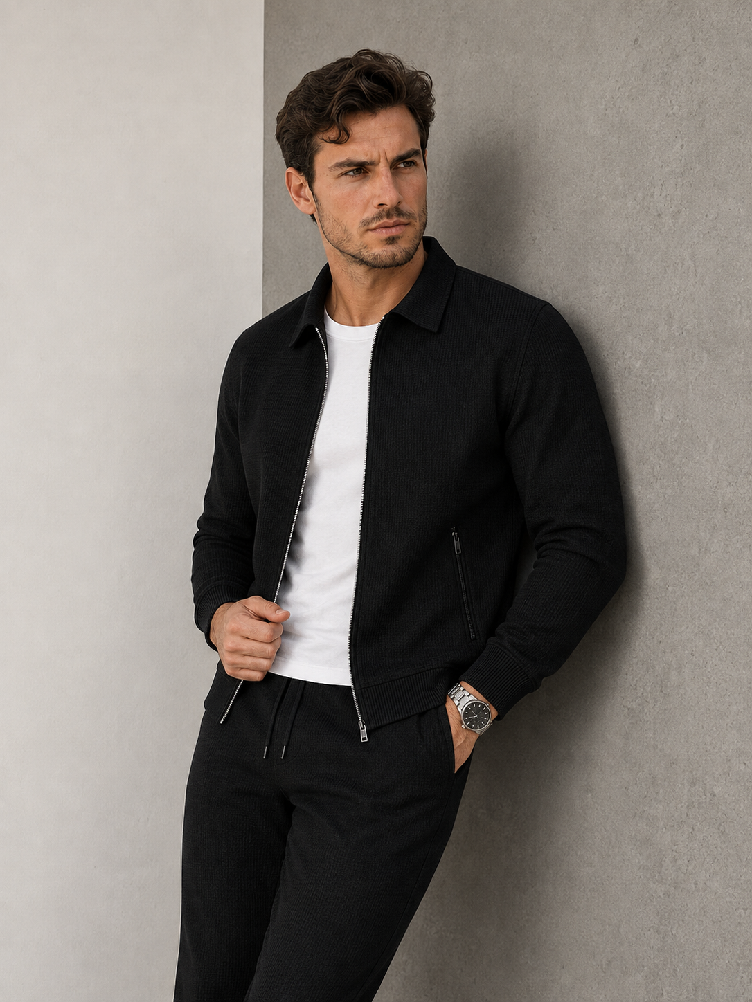 Men's black waffle matching set with zip jacket and trousers