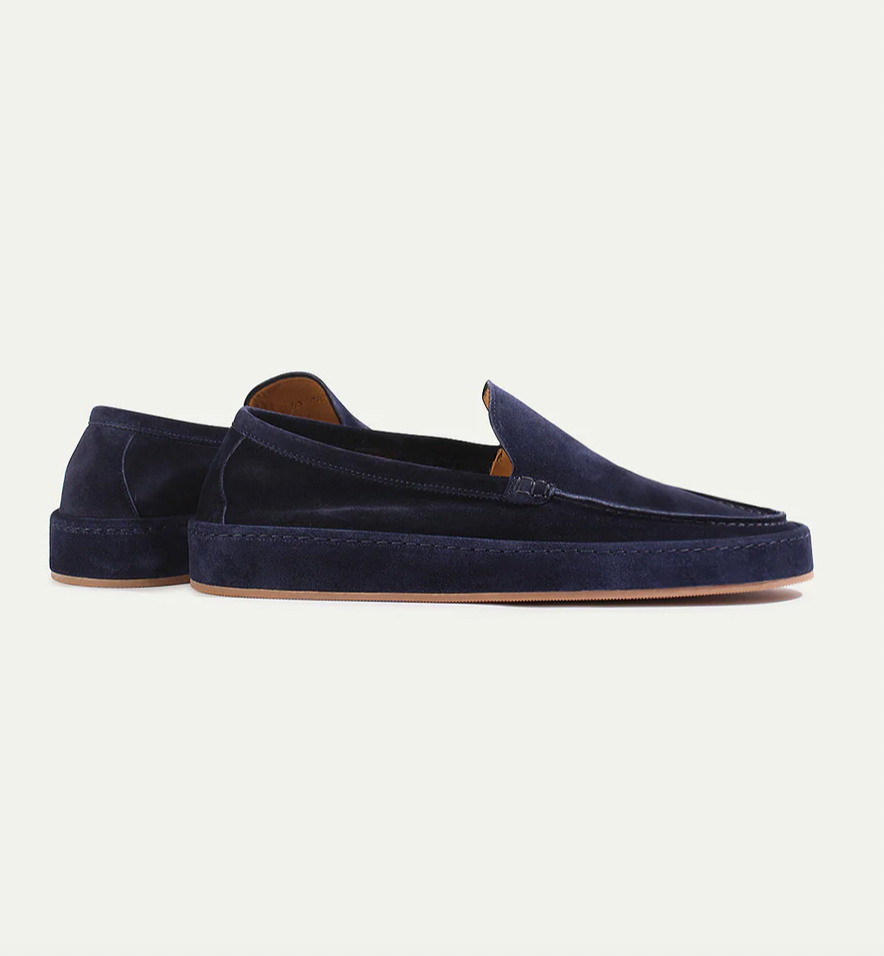 Men's suede loafers in beige, three-quarter front view
