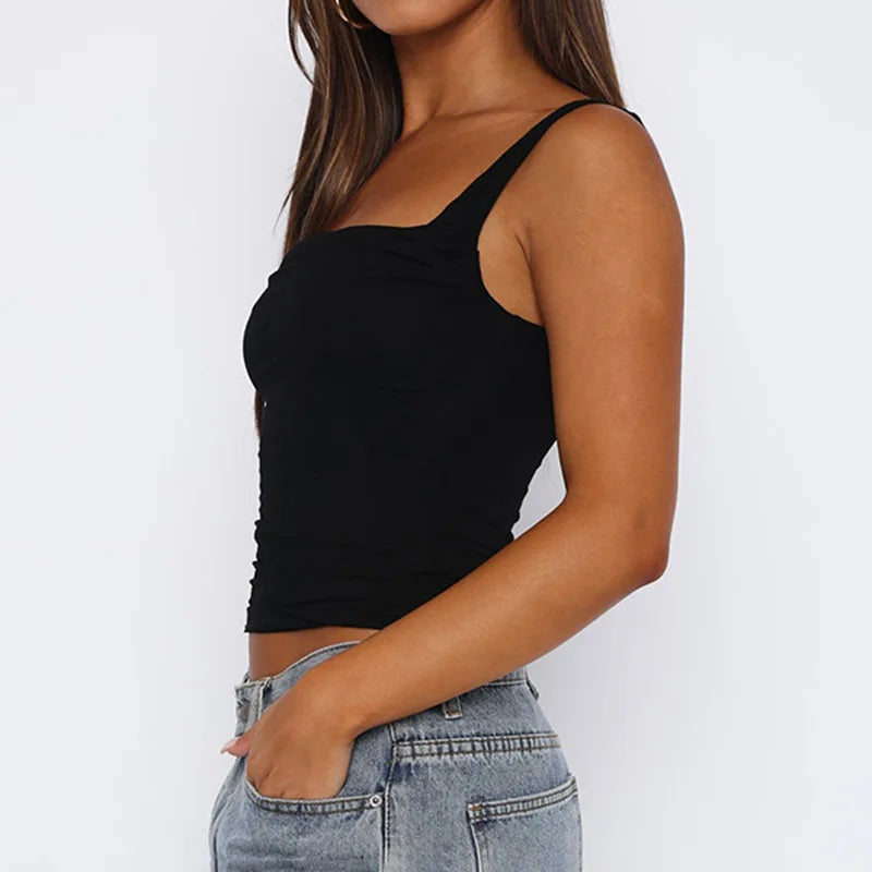 Women's ruched stretch top with wide shoulder straps, square neckline, and straight hem