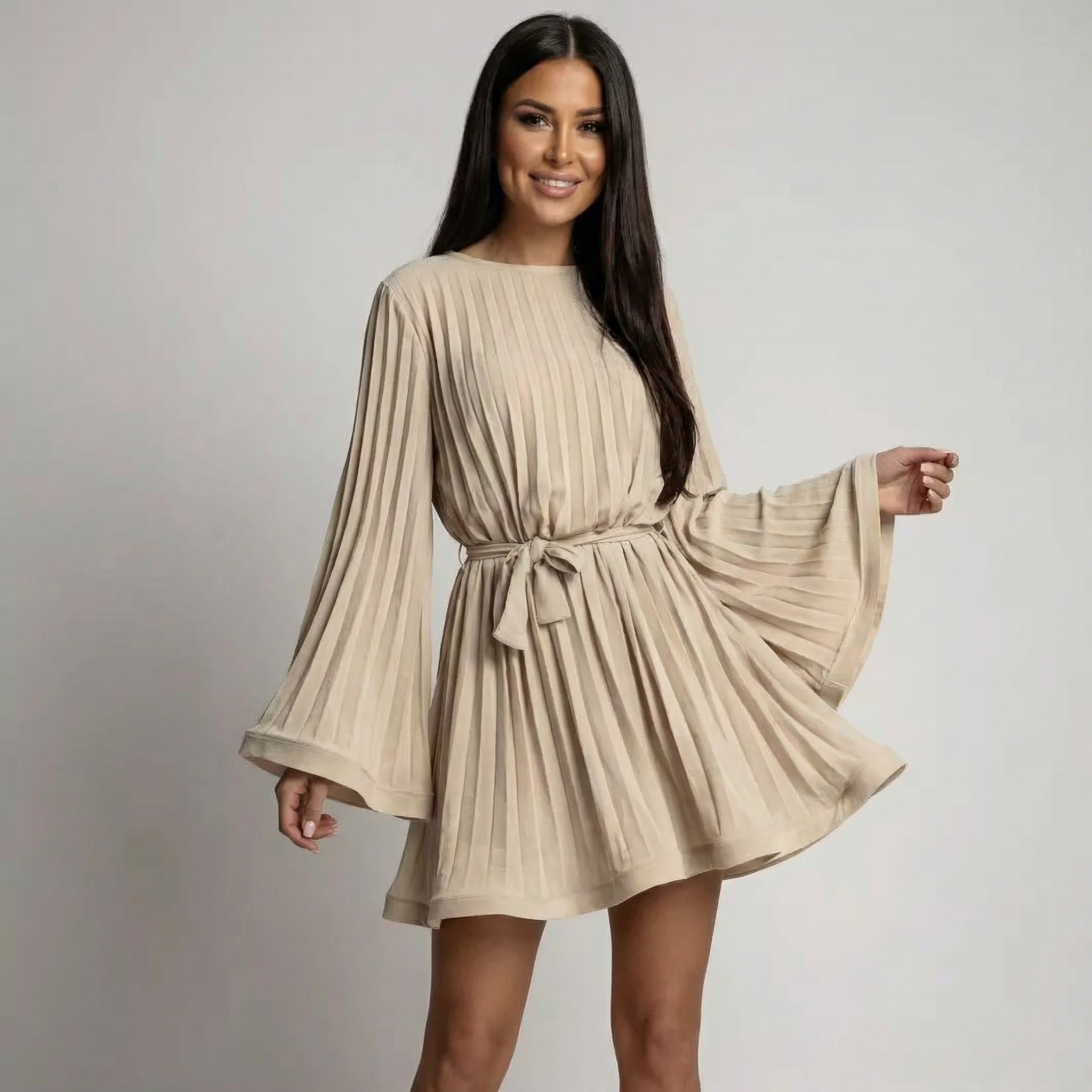 Women's pleated long-sleeve mini dress with tie belt and flared skirt