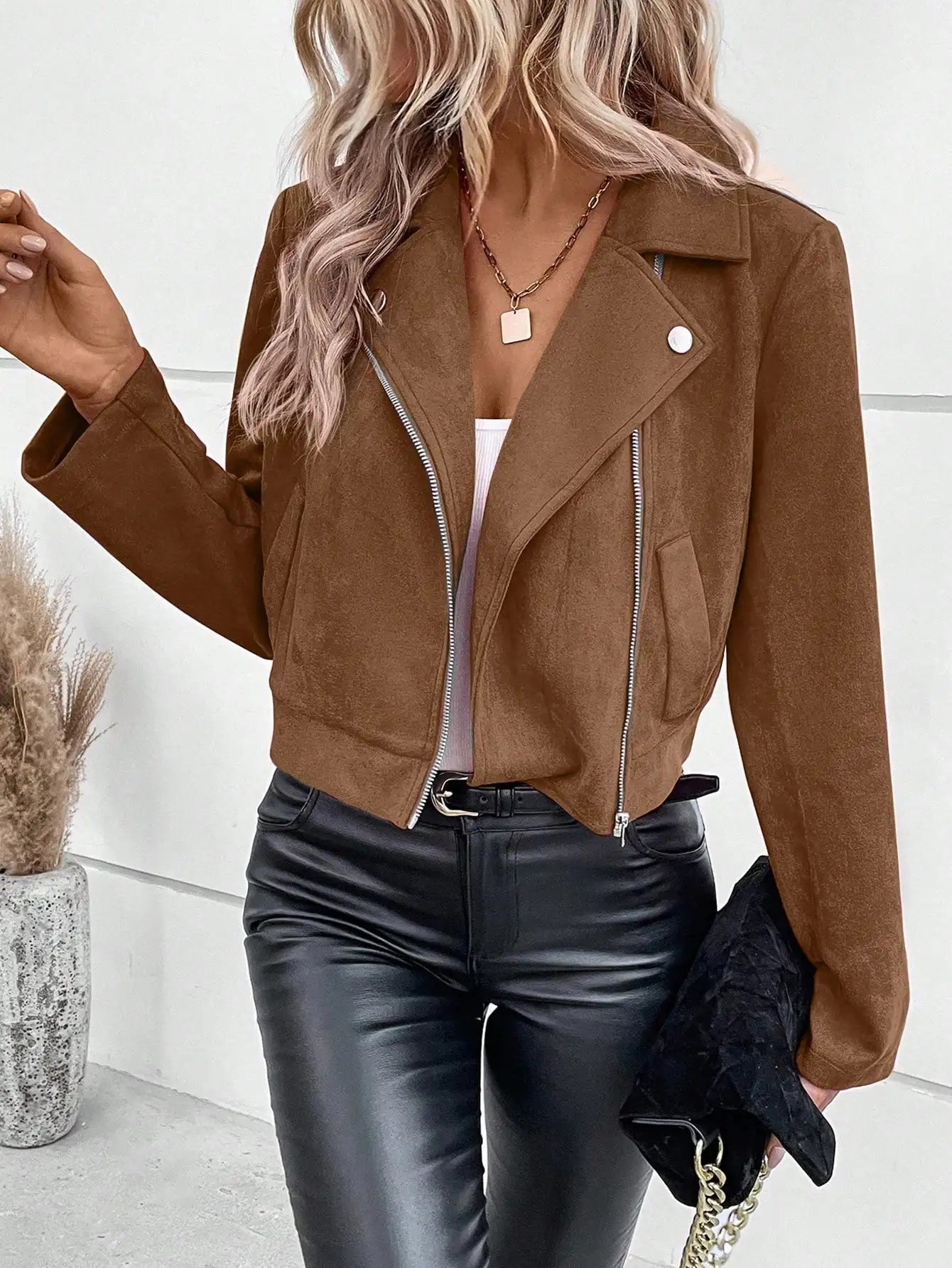 Women's short biker jacket with asymmetric zipper and lapel collar
